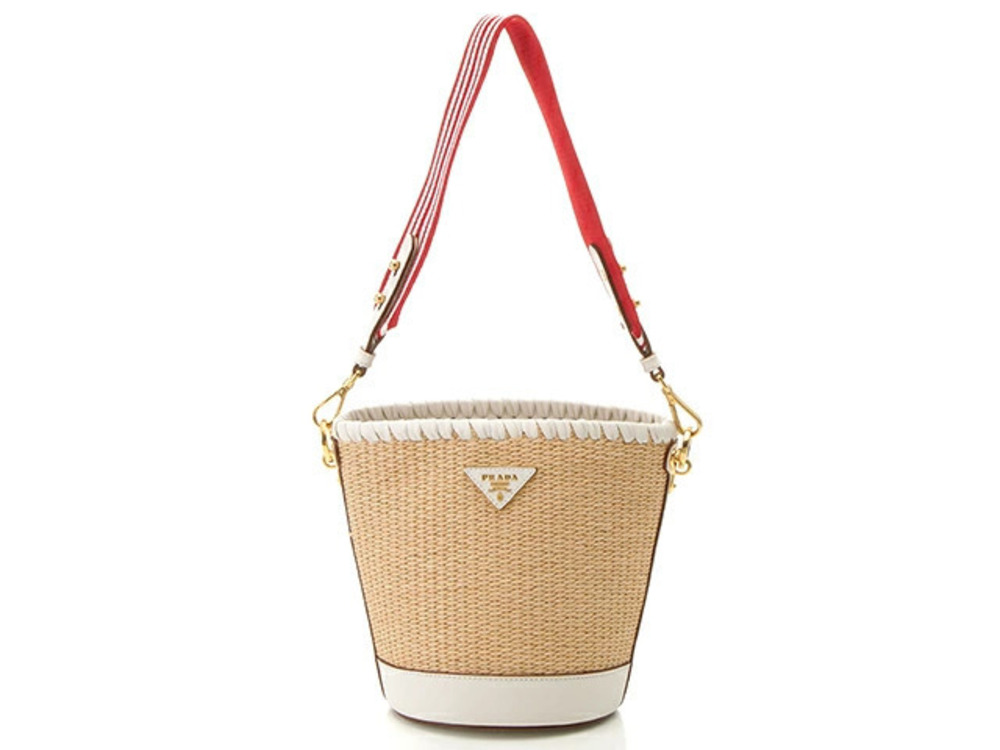 Prada Straw Tan Bag Crossbody Basket Bucket White Leather